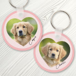 Chaveiro Pet dog photodentro coração com nome rosa na borda<br><div class="desc">Tecla colorida rosa ou personalizada que apresenta seu dentro de foto de animais de estimação com o nome em uma fonte de script de estilo manuscrito e uma borda rosa mais escura ao redor da borda do teclado. Impressão frente e verso.</div>