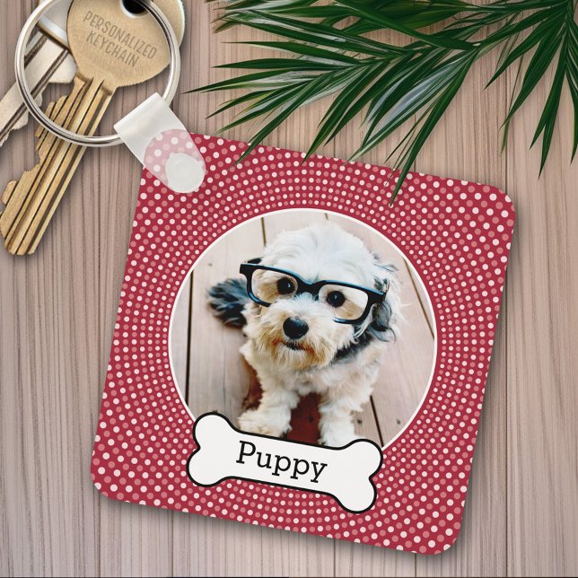 Chaveiro Pet Photo with Dog Bone - bolinhas vermelhas (Personalized keychain - add a pet photo)
