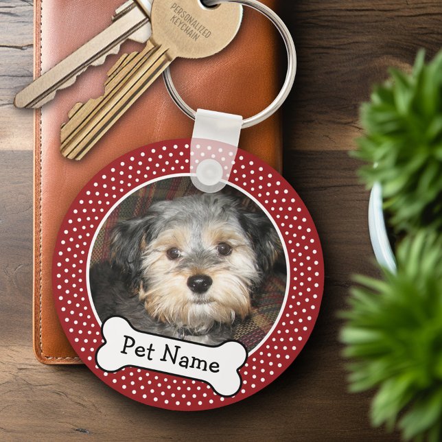 Chaveiro Pet Photo with Dog Bone Red Bolinhas (Personalized Keychain - Add Your Pet Dog Photo)
