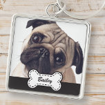 Chaveiro Pet Photos on Cute Dog Bone Add Name<br><div class="desc">Adicione o nome de animal de estimação na tipografia de script lúdico em uma simples placa de nome de cão. Adicione fotos personalizadas.</div>
