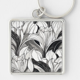 Chaveiro Pingente Art Déco floral preto e branco
