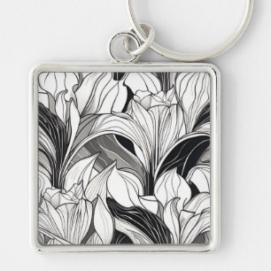Chaveiro Pingente Art Déco floral preto e branco