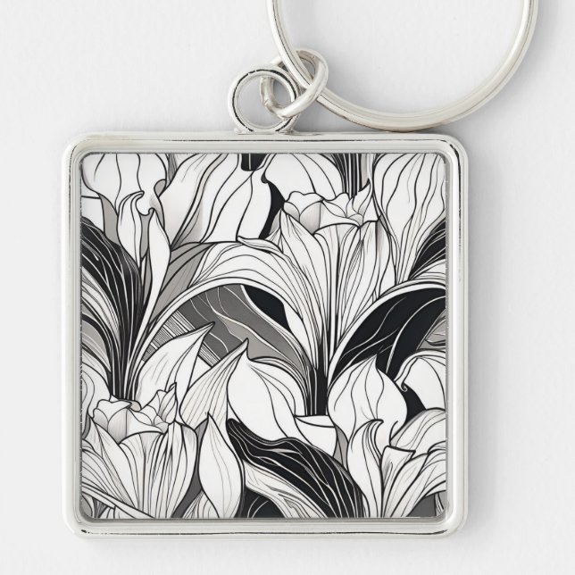 Chaveiro Pingente Art Déco floral preto e branco (Frente)