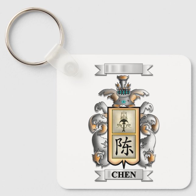 Chaveiro Pingente com Sobrenome Chen e Escudo (Frente)