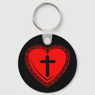 Chaveiro Pingente Coração Gótico + Cruz (Preto + Vermelho)