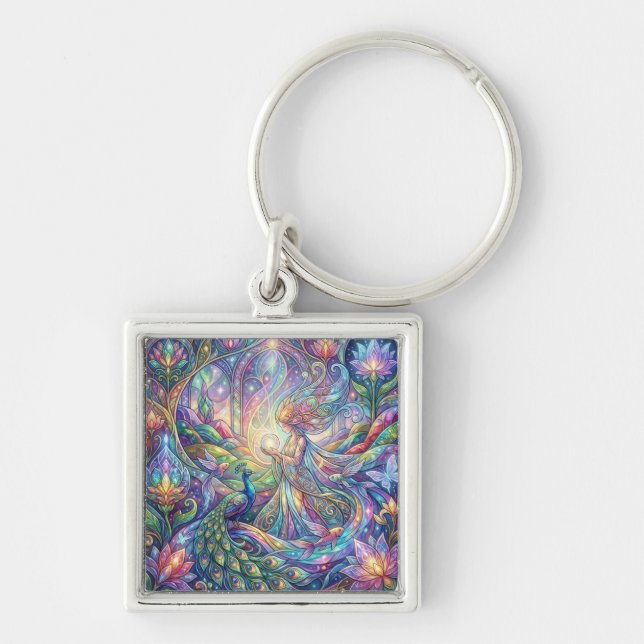 Chaveiro Pingente de Arte Fantasia com Pavão  (Frente)