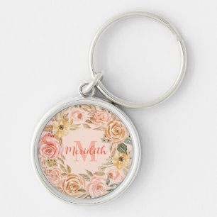 Chaveiro Pingente de chave com coroa floral rosa e pêssego