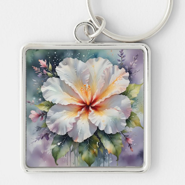 Chaveiro pingente de chave com hibisco branco sonhado (Frente)
