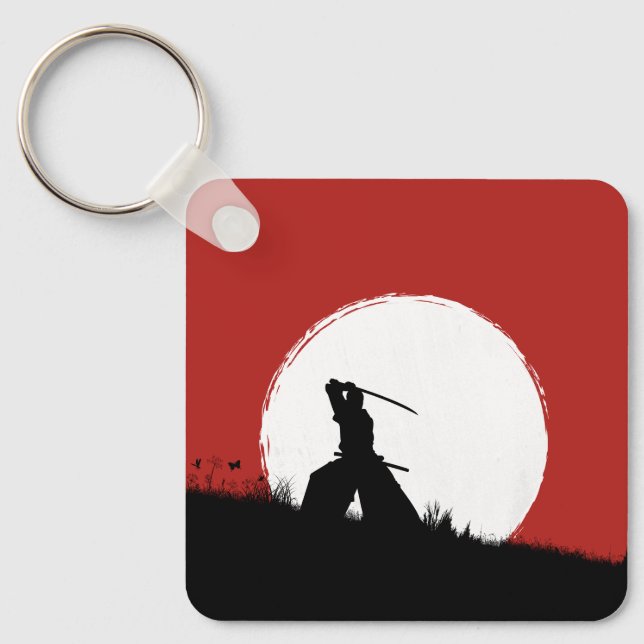 Chaveiro Pingente de Chave Silhueta de Samurai Sol Vermelho (Frente)