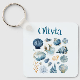 Chaveiro Pingente de Concha Azul Nome Personalizado