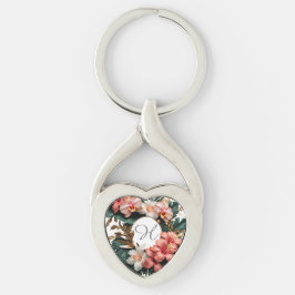 Chaveiro Pingente de Coração com Monograma Floral Tropical