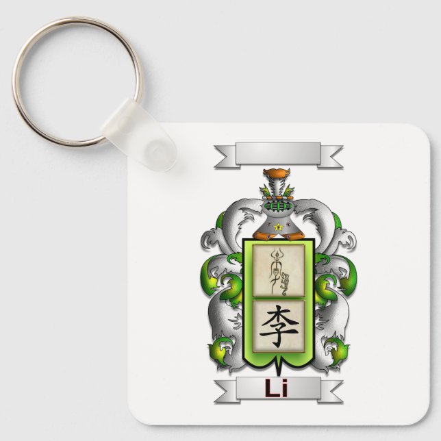 Chaveiro Pingente de Corrente com Sobrenome Li e Escudo (Frente)