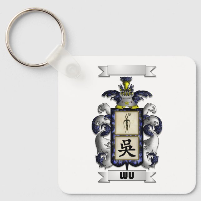 Chaveiro Pingente de Corrente com Sobrenome Wu e Escudo (Frente)