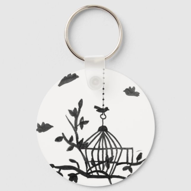 Chaveiro Pingente de Esboço de Gaiola de Pássaro e Borbolet (Frente)