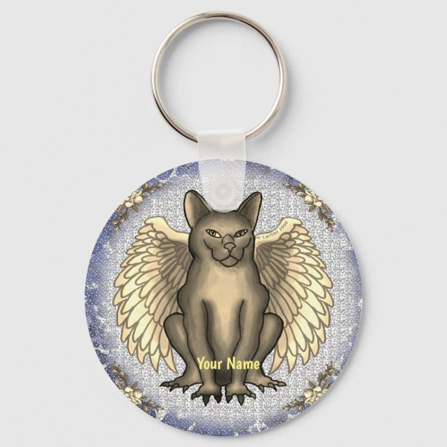 Chaveiro Pingente de Gárgula de Gato com nome personalizado (Frente)