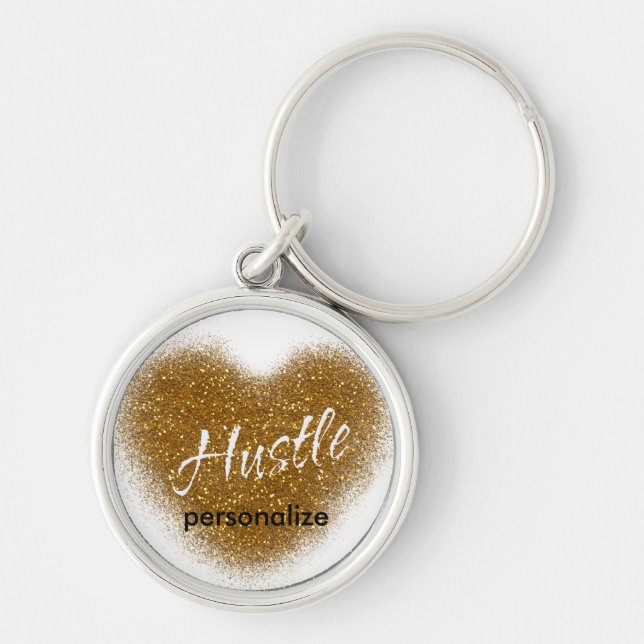 Chaveiro Pingente de Glitter Dourado com Coração HUSTLE Ins (Frente)