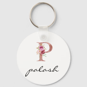 Chaveiro Pingente de letra P floral rosa Monograma