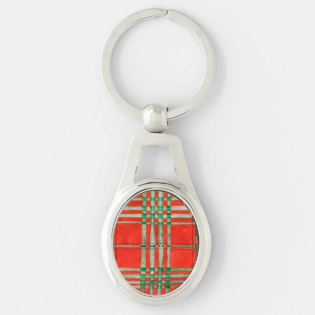 Chaveiro Pingente de Metal Oval Xadrez Vermelho Scott (Frente)