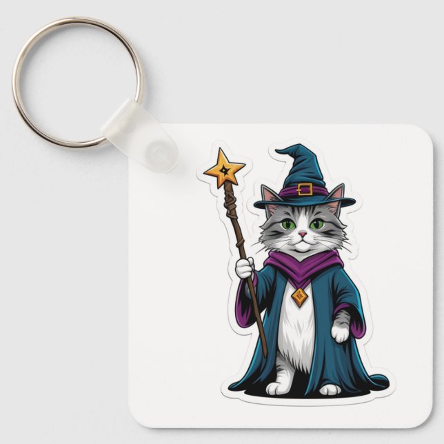Chaveiro Pingente de mini gato mago com cajado mágico (Frente)