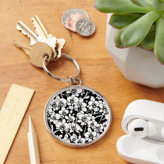 Chaveiro pingente de orquídeas preto e branco (Mesa)