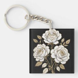 Chaveiro Pingente de Rosa Floral Branco e Dourado Elegante