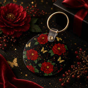 Chaveiro Pingente Floral Glam Rosas Vermelhas Borboleta Dou