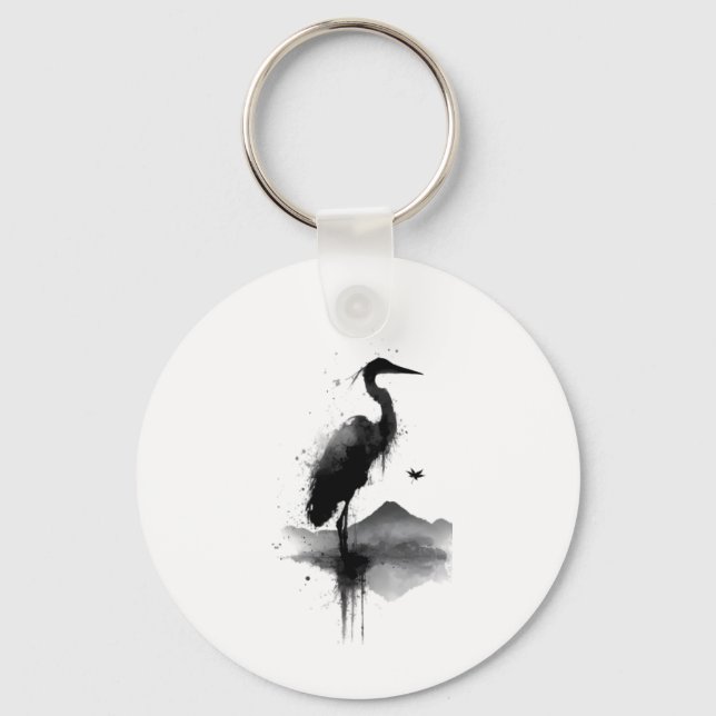Chaveiro Pingente Japonês Sumi-e Grou Zen (Frente)