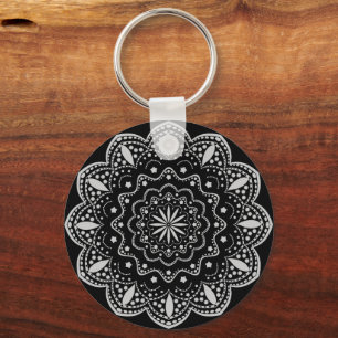 Chaveiro Pingente Mandala Preto e Cinza