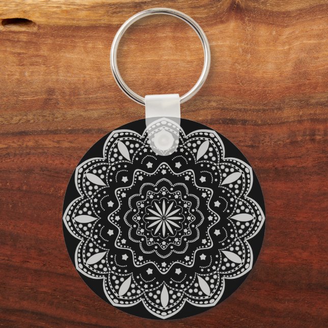 Chaveiro Pingente Mandala Preto e Cinza (Frente)