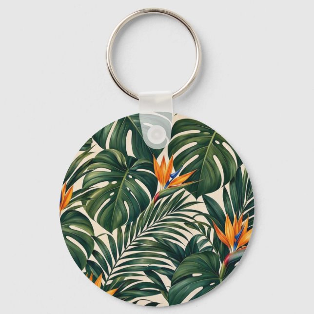 Chaveiro Pingente Tropical com Monstera e Strelitzia (Frente)