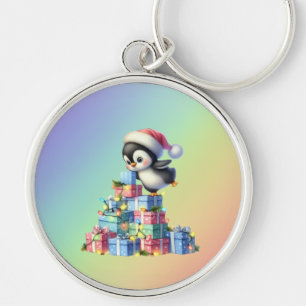 Chaveiro Pinguim de Natal bonito com presentes e cartões lu