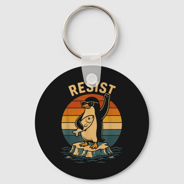 Chaveiro Pinguim Engraçado Resiste Pinguins em Protesto Con (Frente)