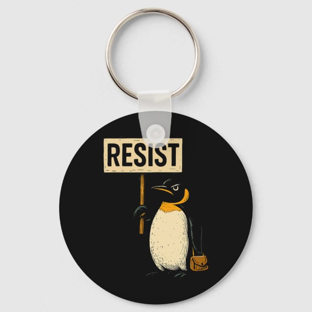 Chaveiro Pinguim Engraçado Resiste Pinguins em Protesto Con (Frente)