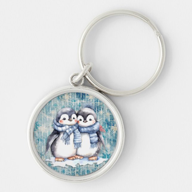Chaveiro Pinguins de Aquarela Azul-Inverno com Escarpas (Frente)