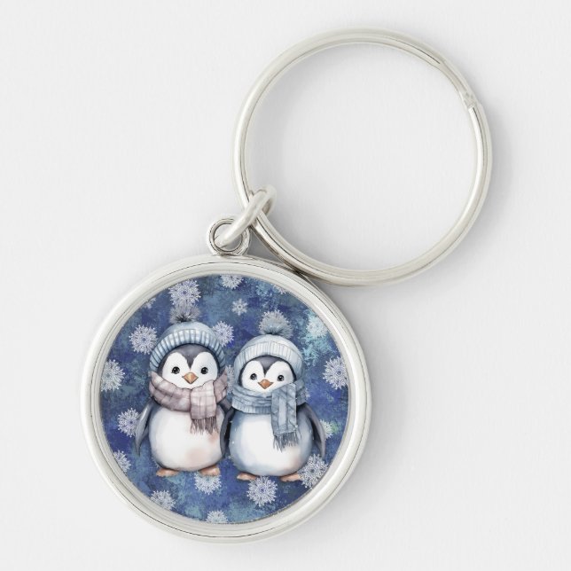 Chaveiro Pinguins de Aquarela Azul-Inverno Escarpando Chapé (Frente)