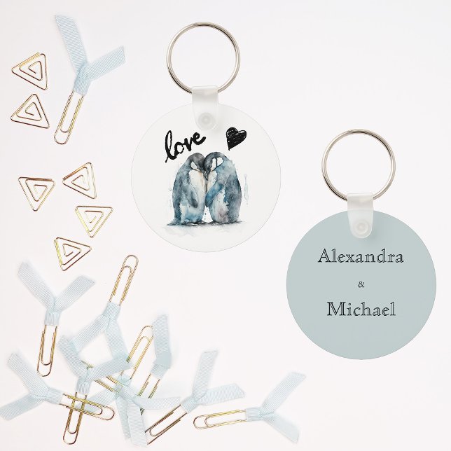 Chaveiro Pinguins de aquarela fofa apaixonados personalizad (Criador carregado)