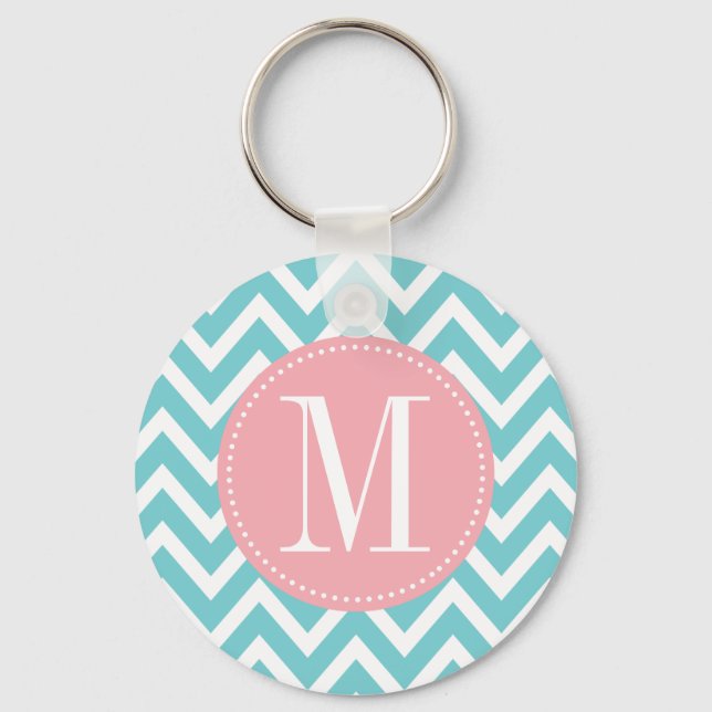 Chaveiro Pink and Light Blue Chevron Custom Monogram (Frente)