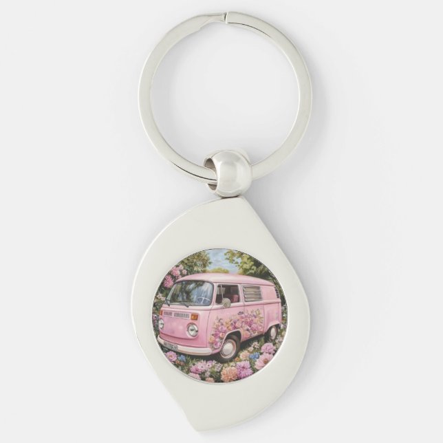 Chaveiro Pink Bus Beach Wall Art, Retro Van Print Californa (Frente)