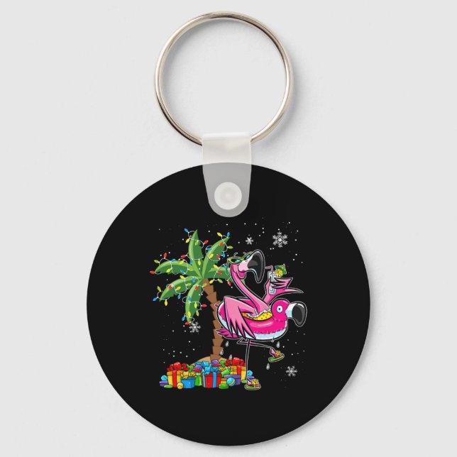 Chaveiro Pink Flamingo de Natal Palm Tree Tropical Xmas Ho (Frente)
