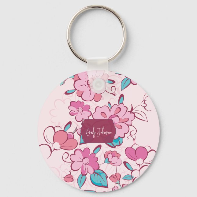 Chaveiro Pink Floral Blossom Script Name Paper Coaster (Frente)