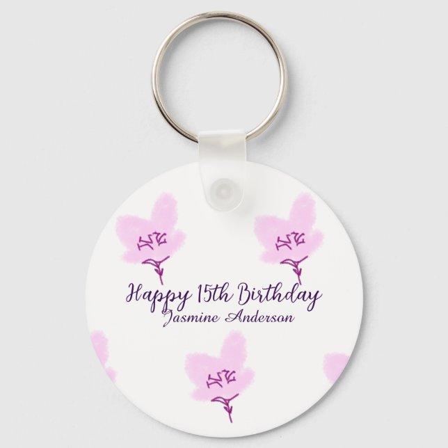 Chaveiro Pink mauve floral 15th birthday quinceanera name d (Frente)