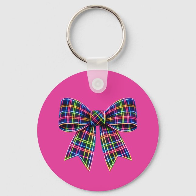 Chaveiro Pink Neon Bow Tartan Ribbon Scottish Cute (Frente)