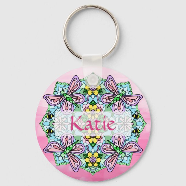 Chaveiro Pink Personalizado e Borboleta Azul Mandala (Frente)