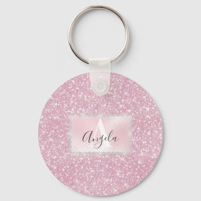 Chaveiro Pink Rose Gold Sparkly Glitter Monogram Girly (Frente)