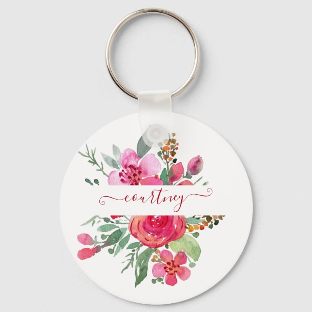 Chaveiro Pink watercolor floral personalizado (Frente)