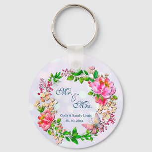 Chaveiro Pintura a Água Floral Rosa e Borboleta Manta de Pr