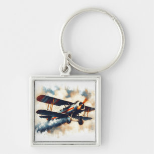 Chaveiro Pintura a Óleo Clássico Biplano Azul Vintage