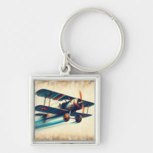 Chaveiro Pintura a Óleo de Biplano Clássico Vintage Voador
