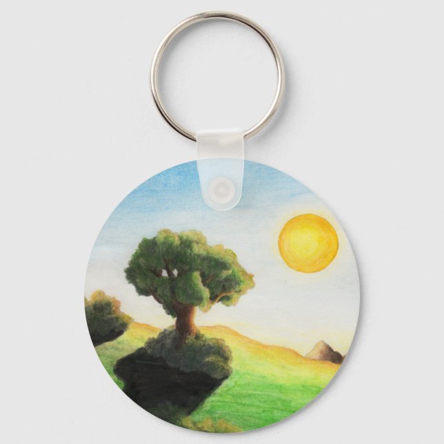Chaveiro pintura aquosa árvore arte sol paisagem natureza (Frente)