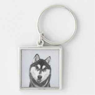 Chaveiro Pintura de Cachorro Siberian Husky (Preto e Branco